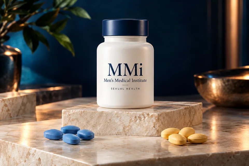 Illustration of an MMi Sexual Health bottle with blue and yellow tablets beside it